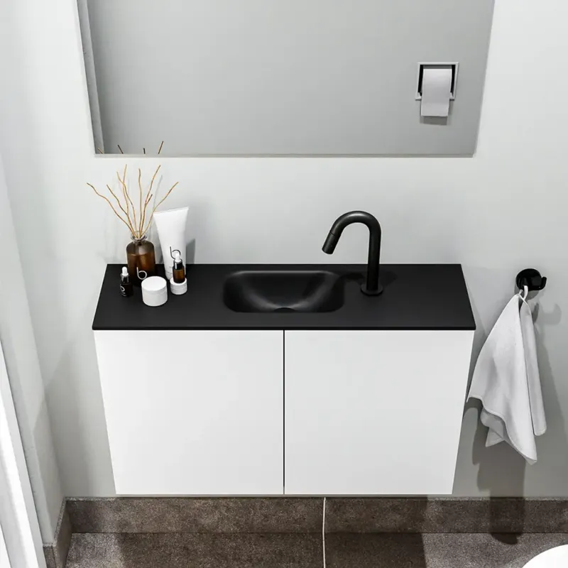 Zaro Polly toiletmeubel 80cm mat wit met zwarte wastafel met kraangat Uitverkoop