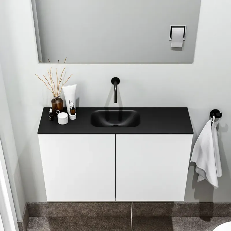 Zaro Polly toiletmeubel 80cm mat wit met zwarte wastafel zonder kraangat Voordeelprijs
