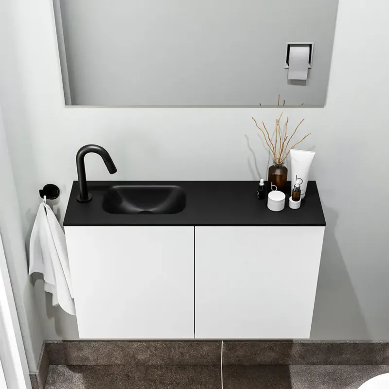Zaro Polly toiletmeubel 80cm mat wit met zwarte wastafel met kraangat links Favoriet