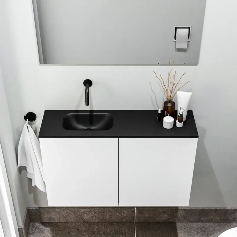 Zaro Polly toiletmeubel 80cm mat wit met zwarte wastafel zonder kraangat links Betrouwbaar