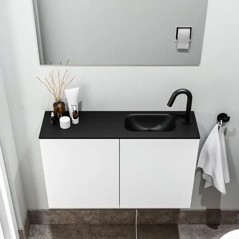 Zaro Polly toiletmeubel 80cm mat wit met zwarte wastafel met kraangat rechts Beperkte Voorraad