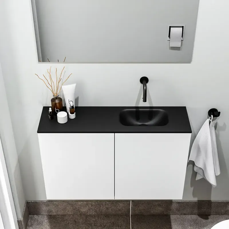 Must-Have Zaro Polly toiletmeubel 80cm mat wit met zwarte wastafel zonder kraangat rechts
