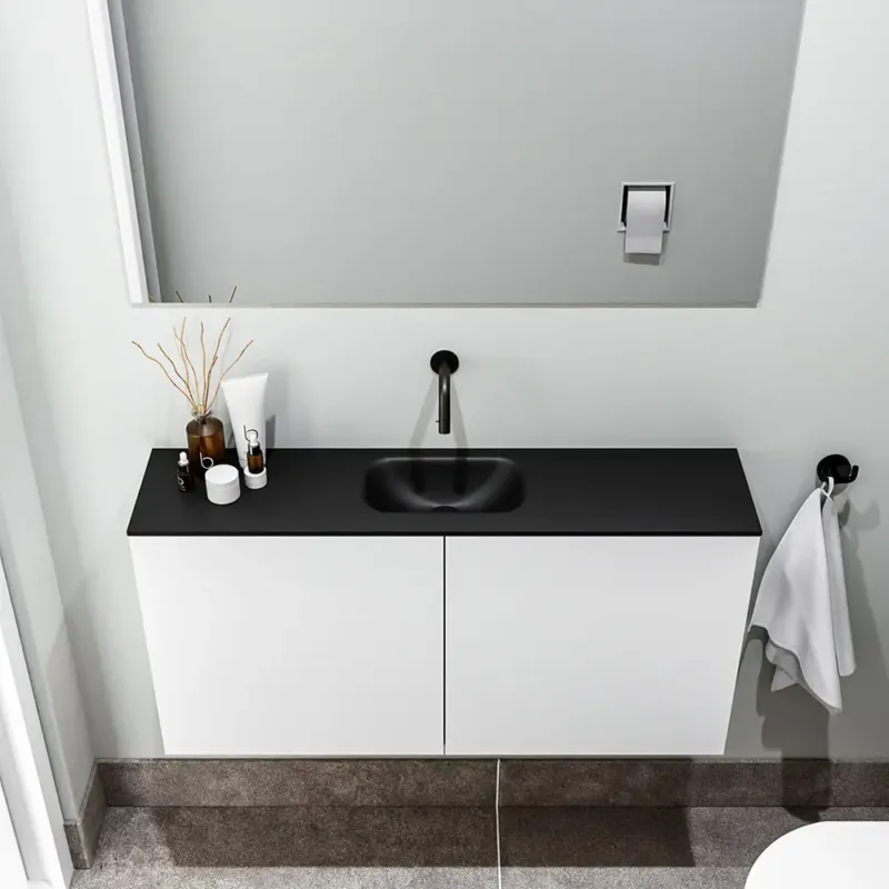 Zaro Polly toiletmeubel 100cm mat wit met zwarte wastafel zonder kraangat Laatste Kans