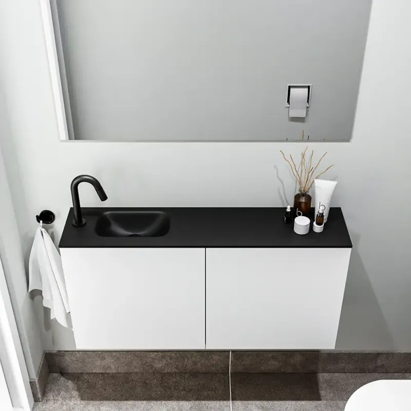 Zaro Polly toiletmeubel 100cm mat wit met zwarte wastafel met kraangat links Laatste Kans