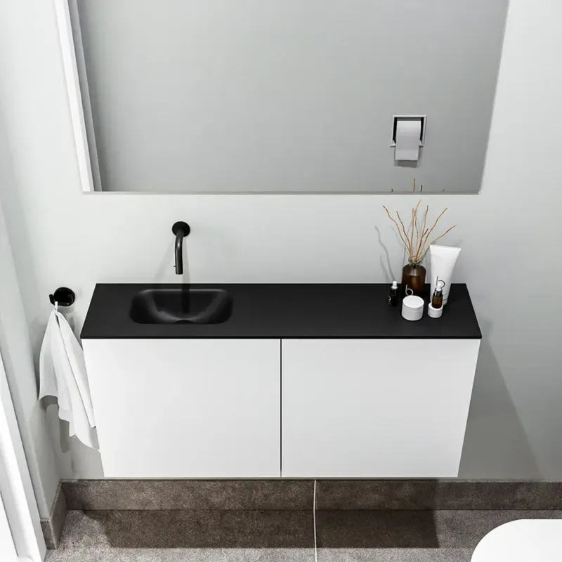 Goedkoop Zaro Polly toiletmeubel 100cm mat wit met zwarte wastafel zonder kraangat links