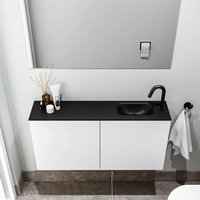 Zaro Polly toiletmeubel 100cm mat wit met zwarte wastafel met kraangat rechts Beste Prijs