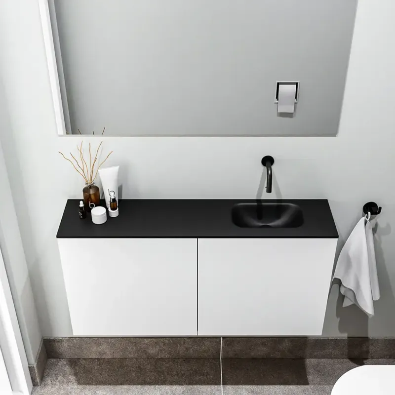 Zaro Polly toiletmeubel 100cm mat wit met zwarte wastafel zonder kraangat rechts Actieprijs