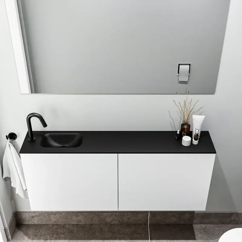 Zaro Polly toiletmeubel 120cm mat wit met zwarte wastafel met kraangat links Alleen Vandaag