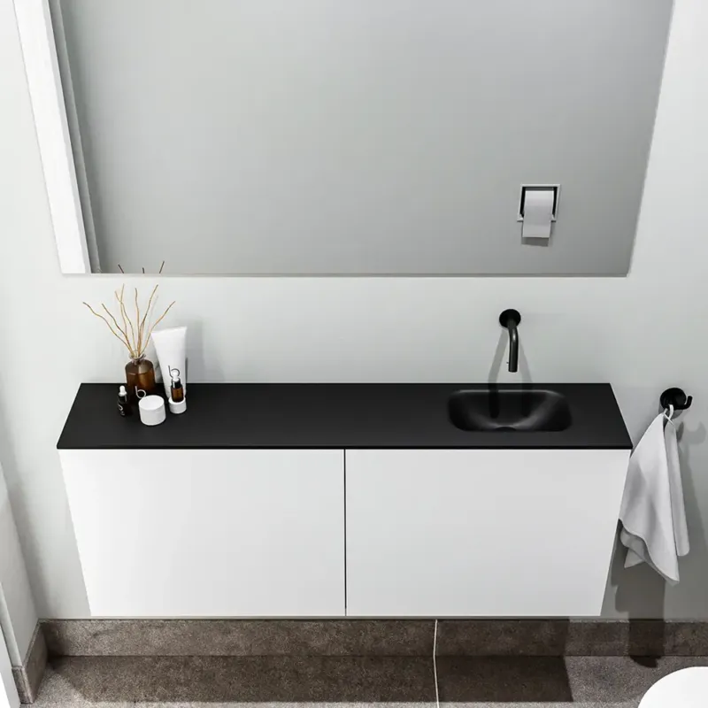 Goedkoop Zaro Polly toiletmeubel 120cm mat wit met zwarte wastafel zonder kraangat rechts