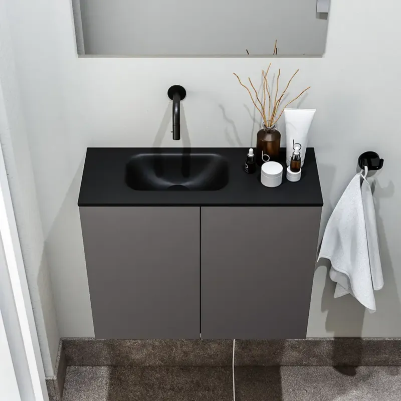 Zaro Polly toiletmeubel 60cm donkergrijs met zwarte wastafel zonder kraangat links Laatste Versie