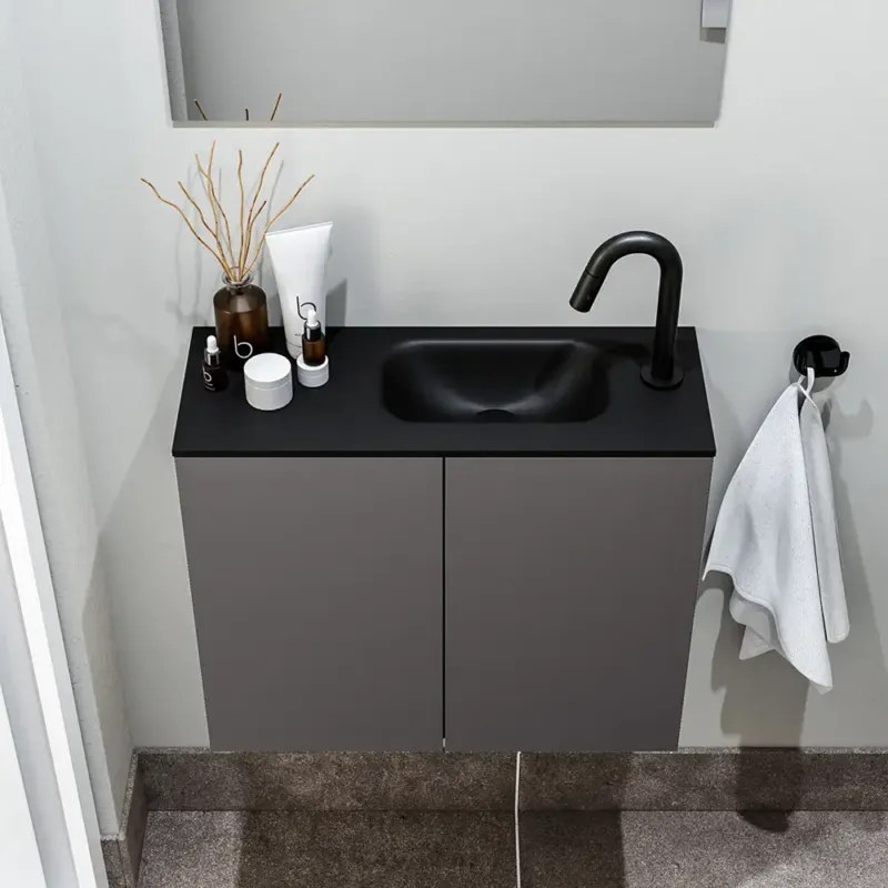 Hete Deal Zaro Polly toiletmeubel 60cm donkergrijs met zwarte wastafel met kraangat rechts