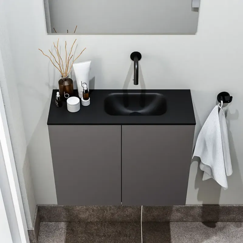 Nu Kopen Zaro Polly toiletmeubel 60cm donkergrijs met zwarte wastafel zonder kraangat rechts