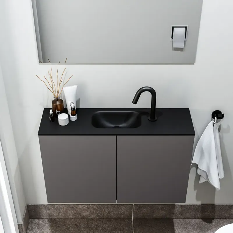 Express Levering Zaro Polly toiletmeubel 80cm donkergrijs met zwarte wastafel met kraangat
