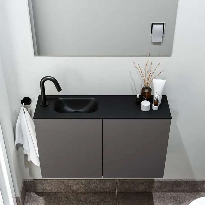 Zaro Polly toiletmeubel 80cm donkergrijs met zwarte wastafel met kraangat links Betaalbaar