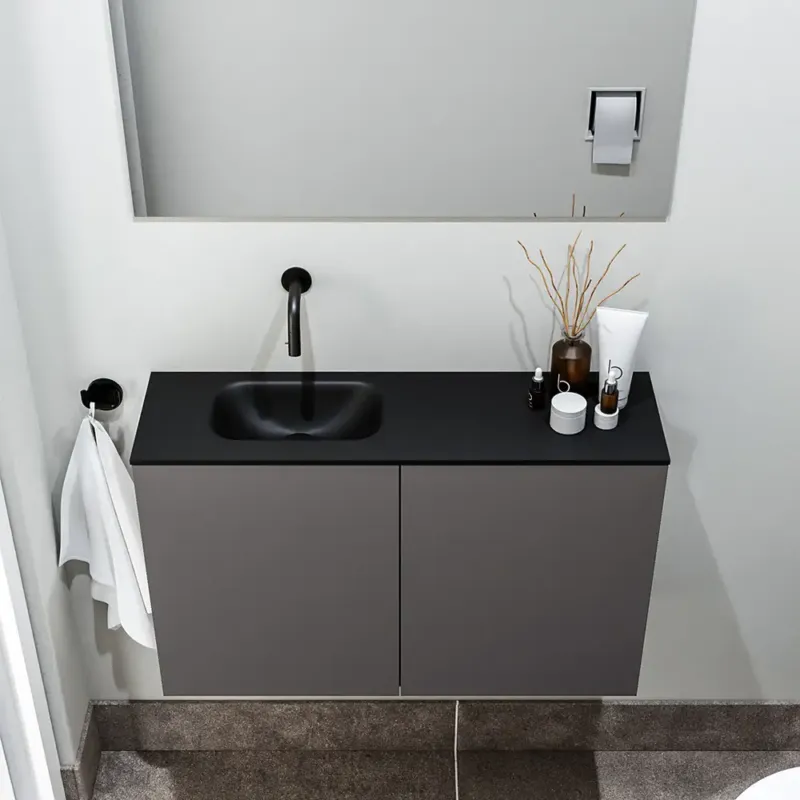 Zaro Polly toiletmeubel 80cm donkergrijs met zwarte wastafel zonder kraangat links Speciale Aanbieding