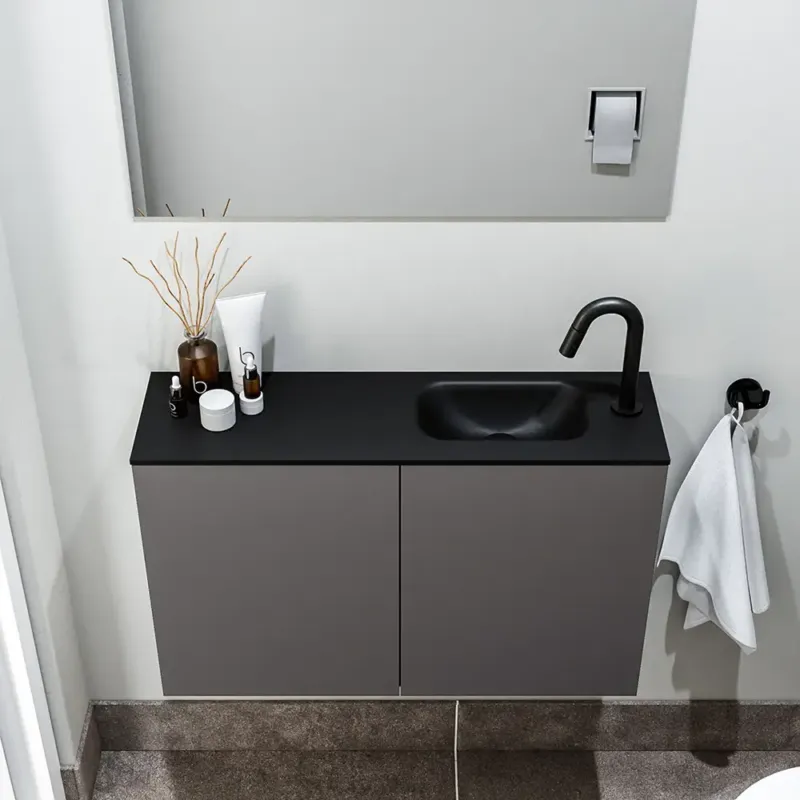 Express Levering Zaro Polly toiletmeubel 80cm donkergrijs met zwarte wastafel met kraangat rechts