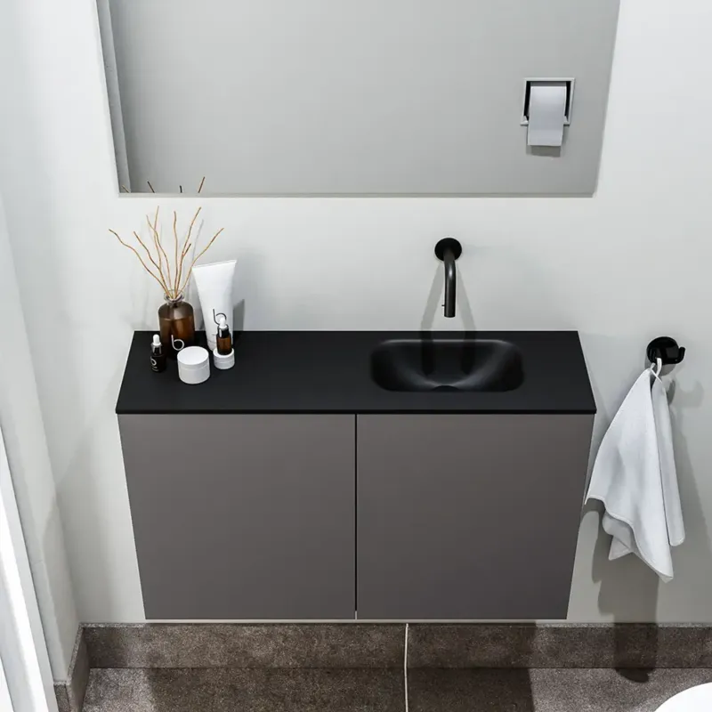 Hoge Kwaliteit Zaro Polly toiletmeubel 80cm donkergrijs met zwarte wastafel zonder kraangat rechts