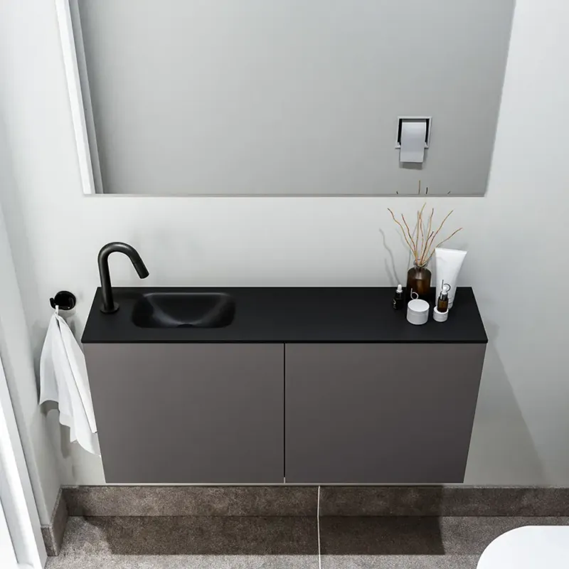 Zaro Polly toiletmeubel 100cm donkergrijs met zwarte wastafel met kraangat links Snelle Levering