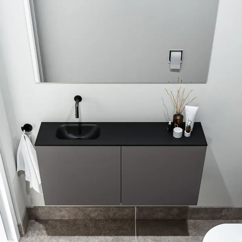 Zaro Polly toiletmeubel 100cm donkergrijs met zwarte wastafel zonder kraangat links Aanbieding