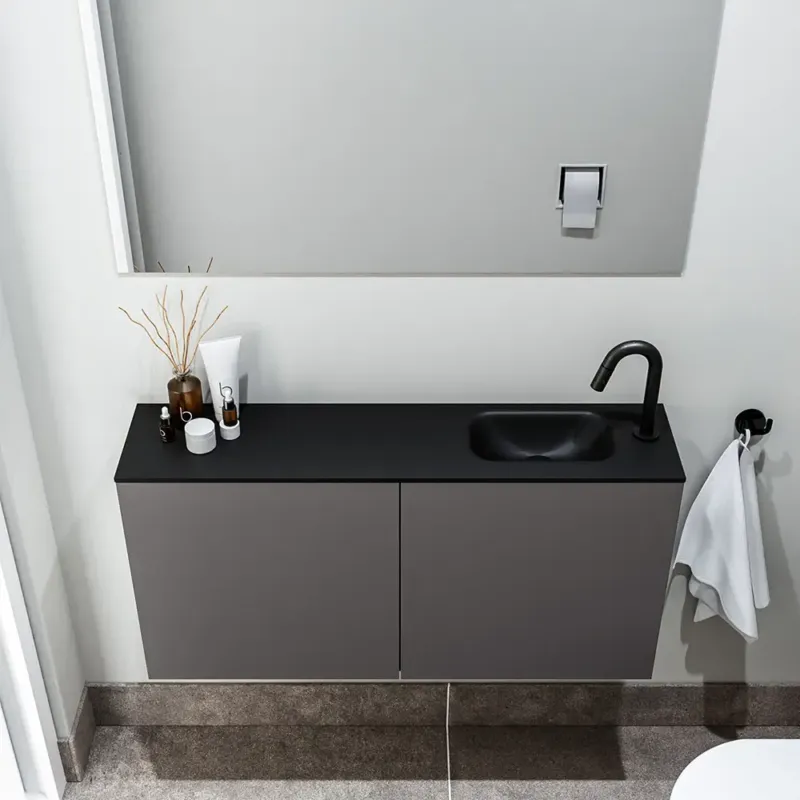 Zaro Polly toiletmeubel 100cm donkergrijs met zwarte wastafel met kraangat rechts Alleen Vandaag