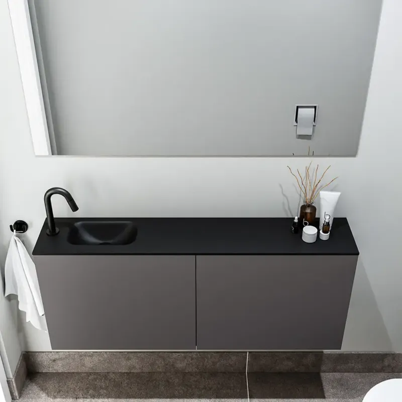 Actieprijs Zaro Polly toiletmeubel 120cm donkergrijs met zwarte wastafel met kraangat links