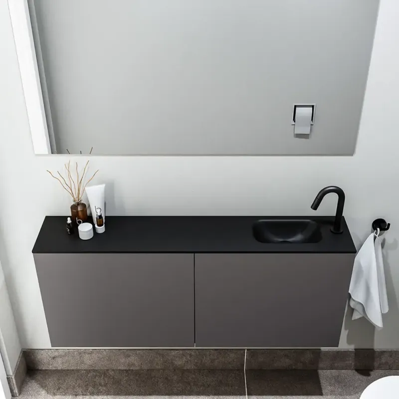 Direct Verzonden Zaro Polly toiletmeubel 120cm donkergrijs met zwarte wastafel met kraangat rechts