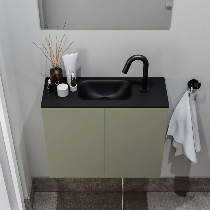 Weekendaanbieding Zaro Polly toiletmeubel 60cm army met zwarte wastafel met kraangat