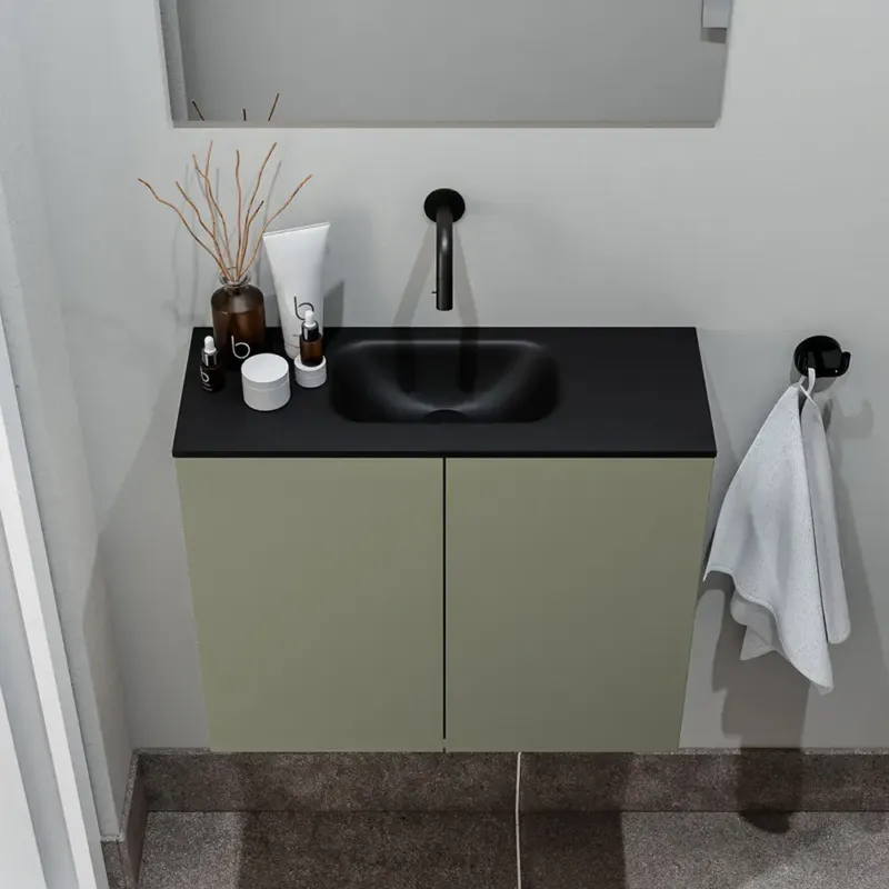 Zaro Polly toiletmeubel 60cm army met zwarte wastafel zonder kraangat Uitverkoop