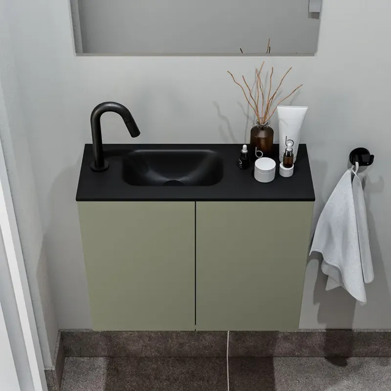 Zaro Polly toiletmeubel 60cm army met zwarte wastafel met kraangat links Op = Op