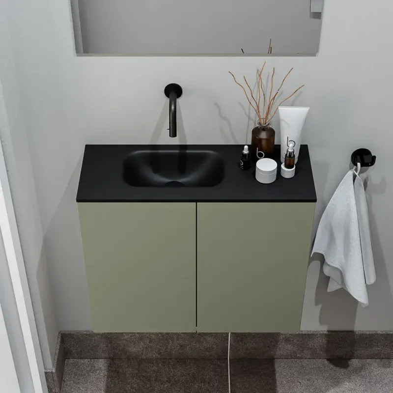 Gereduceerde Prijs Zaro Polly toiletmeubel 60cm army met zwarte wastafel zonder kraangat links