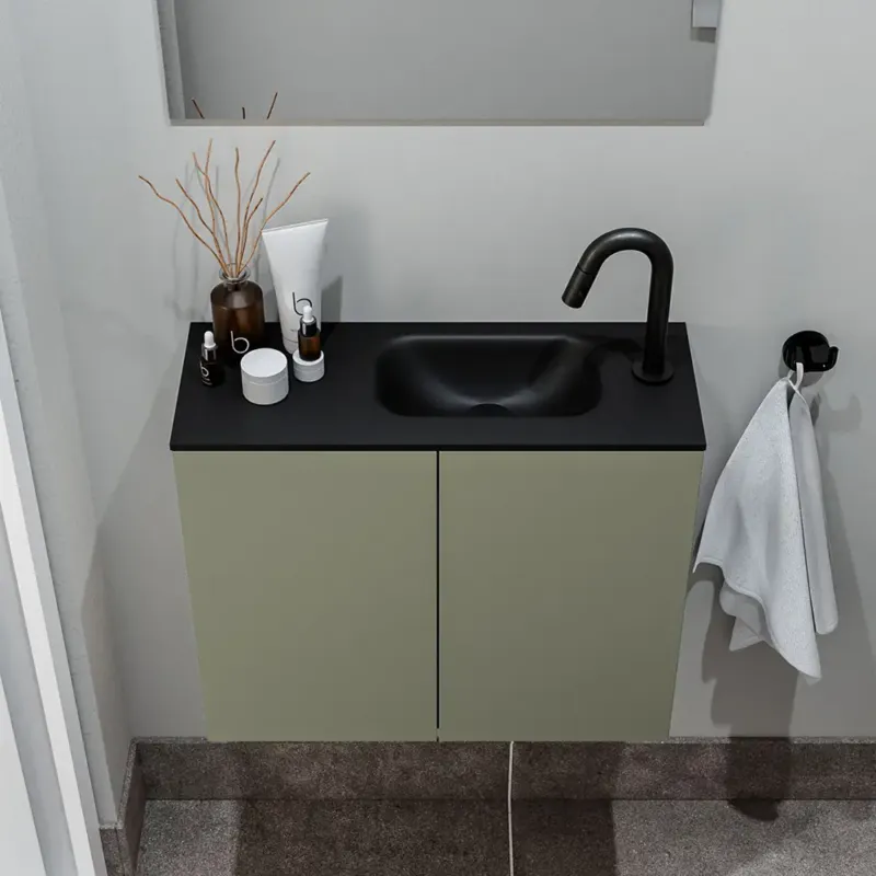 Beperkte Voorraad Zaro Polly toiletmeubel 60cm army met zwarte wastafel met kraangat rechts