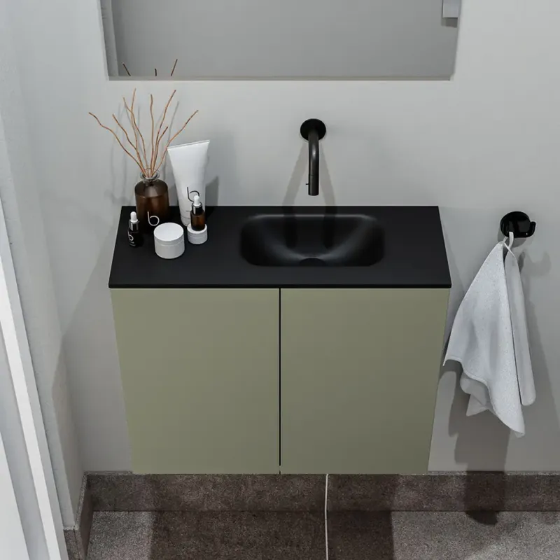 Direct Verzonden Zaro Polly toiletmeubel 60cm army met zwarte wastafel zonder kraangat rechts