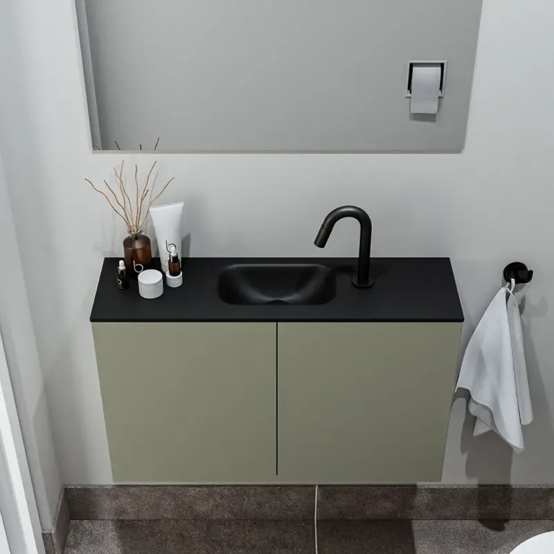 Laatste Versie Zaro Polly toiletmeubel 80cm army met zwarte wastafel met kraangat