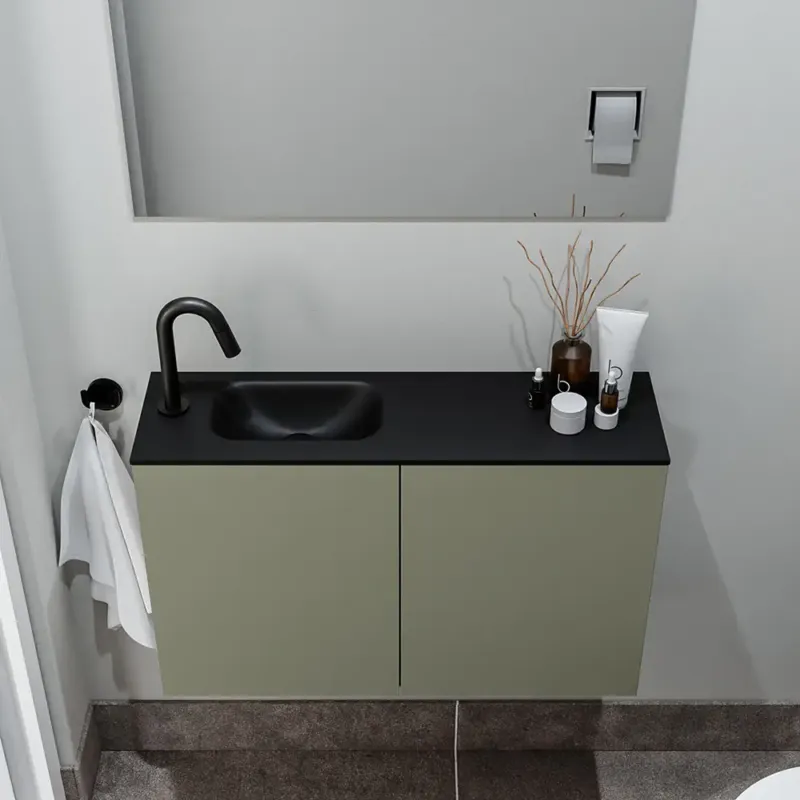 Must-Have Zaro Polly toiletmeubel 80cm army met zwarte wastafel met kraangat links