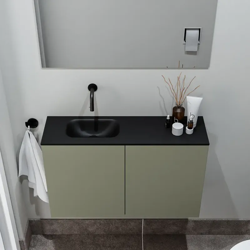 Zaro Polly toiletmeubel 80cm army met zwarte wastafel zonder kraangat links Bestseller