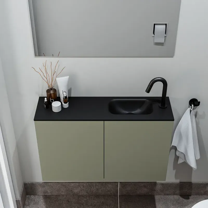 Zaro Polly toiletmeubel 80cm army met zwarte wastafel met kraangat rechts Korting
