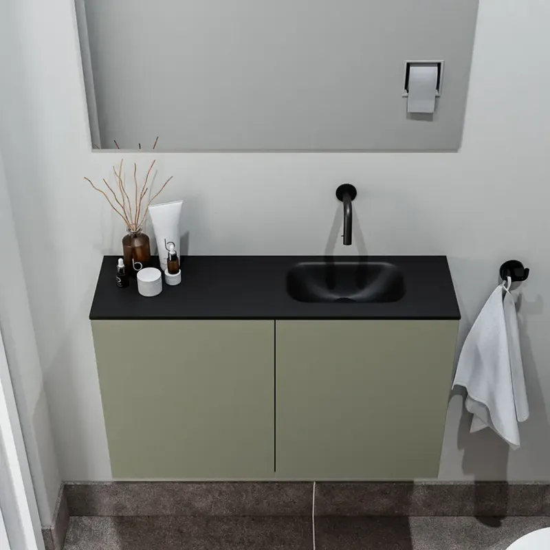 Zaro Polly toiletmeubel 80cm army met zwarte wastafel zonder kraangat rechts Superprijs