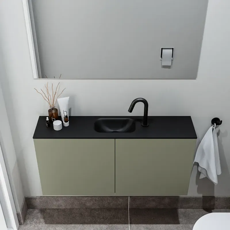 Favoriet Zaro Polly toiletmeubel 100cm army met zwarte wastafel met kraangat
