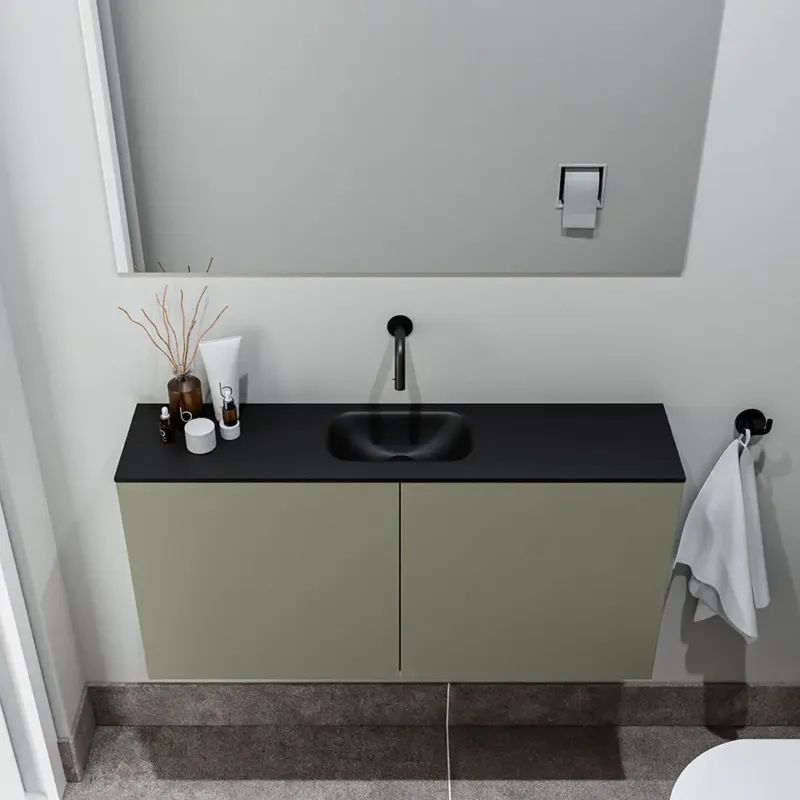Zaro Polly toiletmeubel 100cm army met zwarte wastafel zonder kraangat Premium