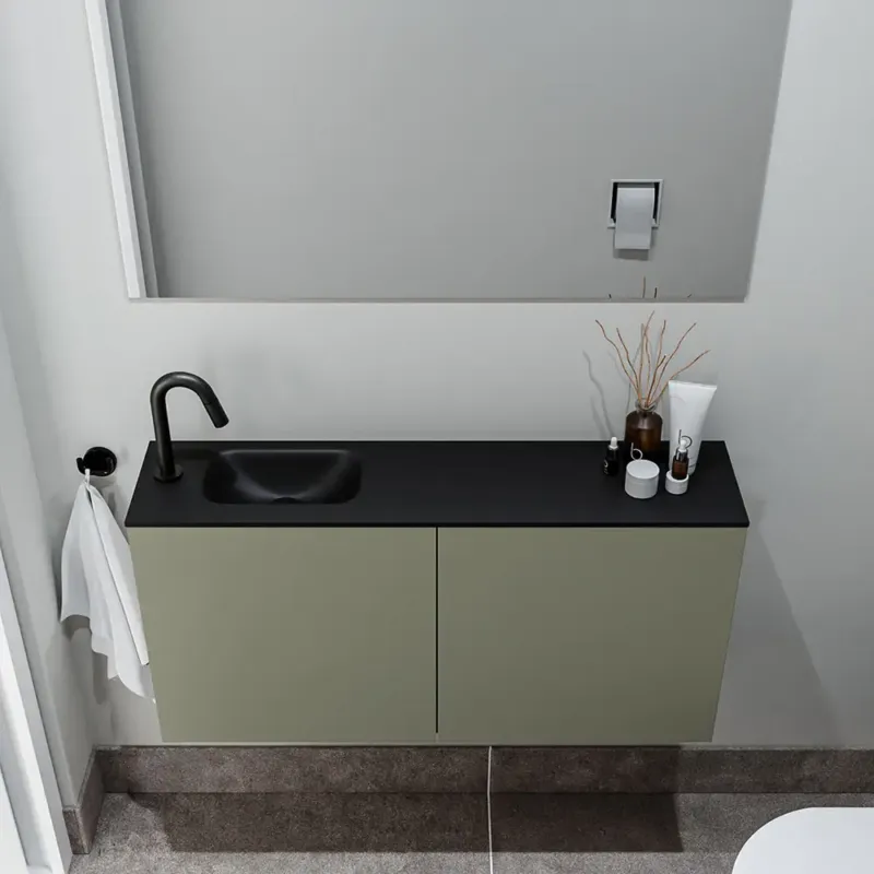Zaro Polly toiletmeubel 100cm army met zwarte wastafel met kraangat links Exclusieve Aanbieding