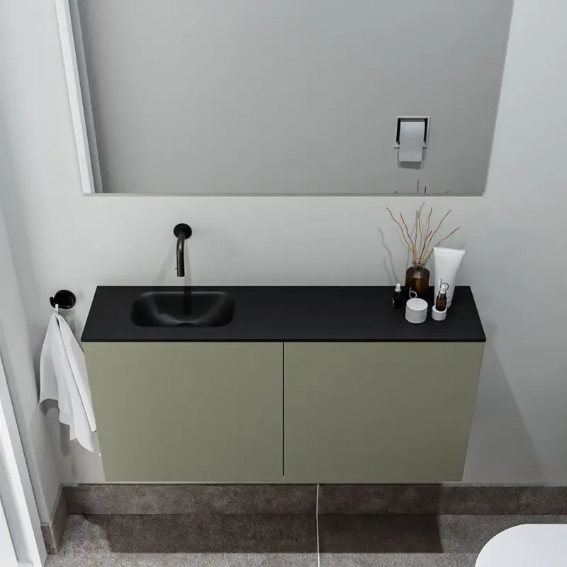 Zaro Polly toiletmeubel 100cm army met zwarte wastafel zonder kraangat links Populair