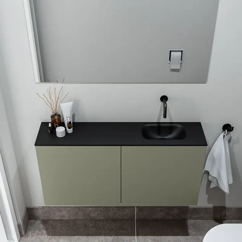 Zaro Polly toiletmeubel 100cm army met zwarte wastafel zonder kraangat rechts Direct Verzonden