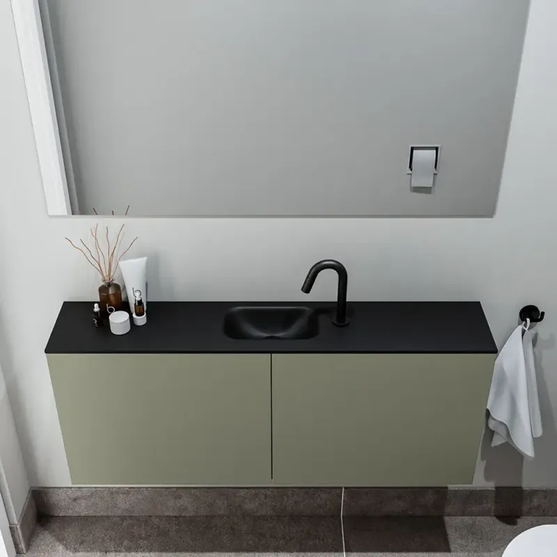 Hoge Kwaliteit Zaro Polly toiletmeubel 120cm army met zwarte wastafel met kraangat
