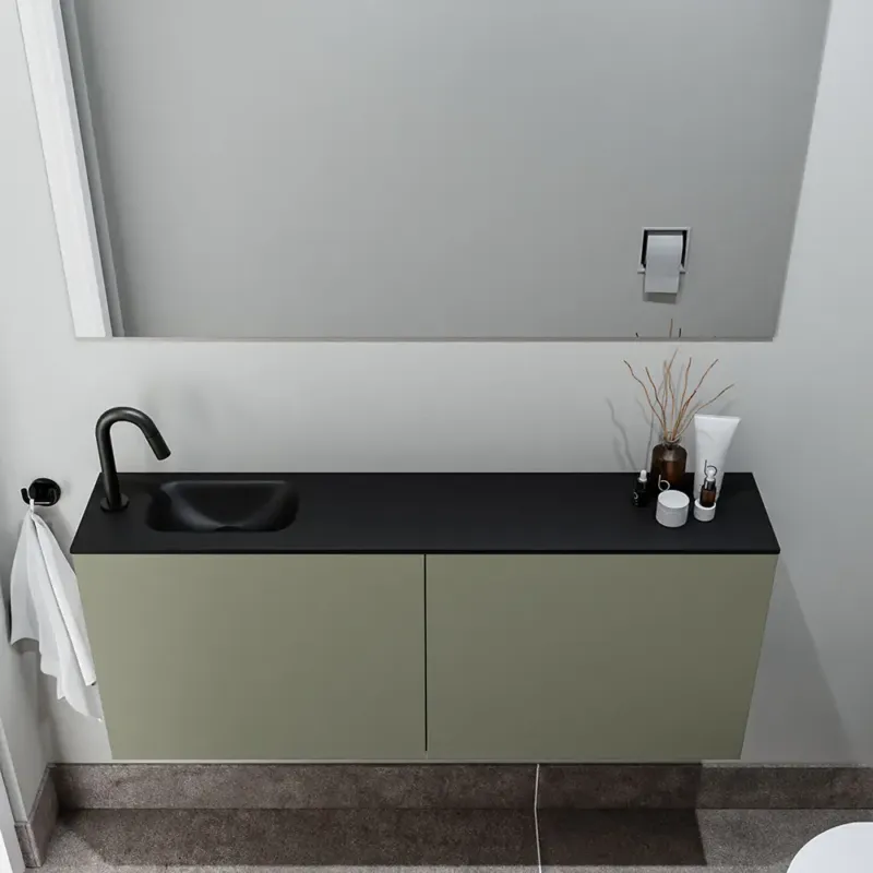 Zaro Polly toiletmeubel 120cm army met zwarte wastafel met kraangat links Aanbieding