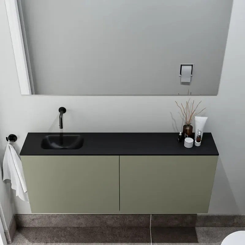 Meest Verkocht Zaro Polly toiletmeubel 120cm army met zwarte wastafel zonder kraangat links