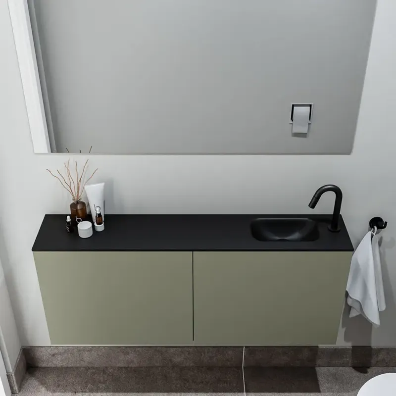 Koopje Zaro Polly toiletmeubel 120cm army met zwarte wastafel met kraangat rechts