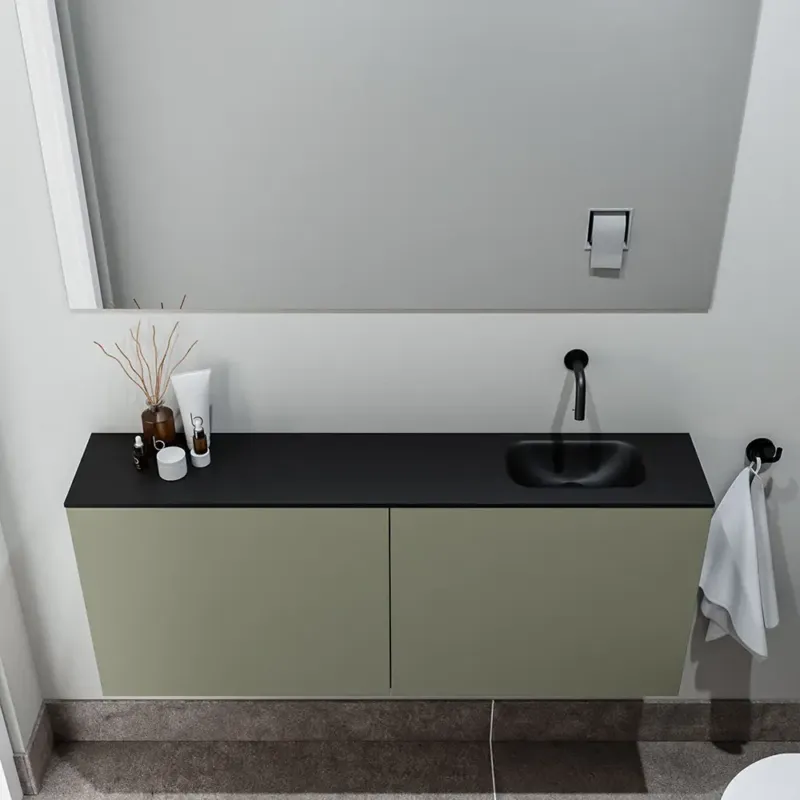 Favoriet Zaro Polly toiletmeubel 120cm army met zwarte wastafel zonder kraangat rechts