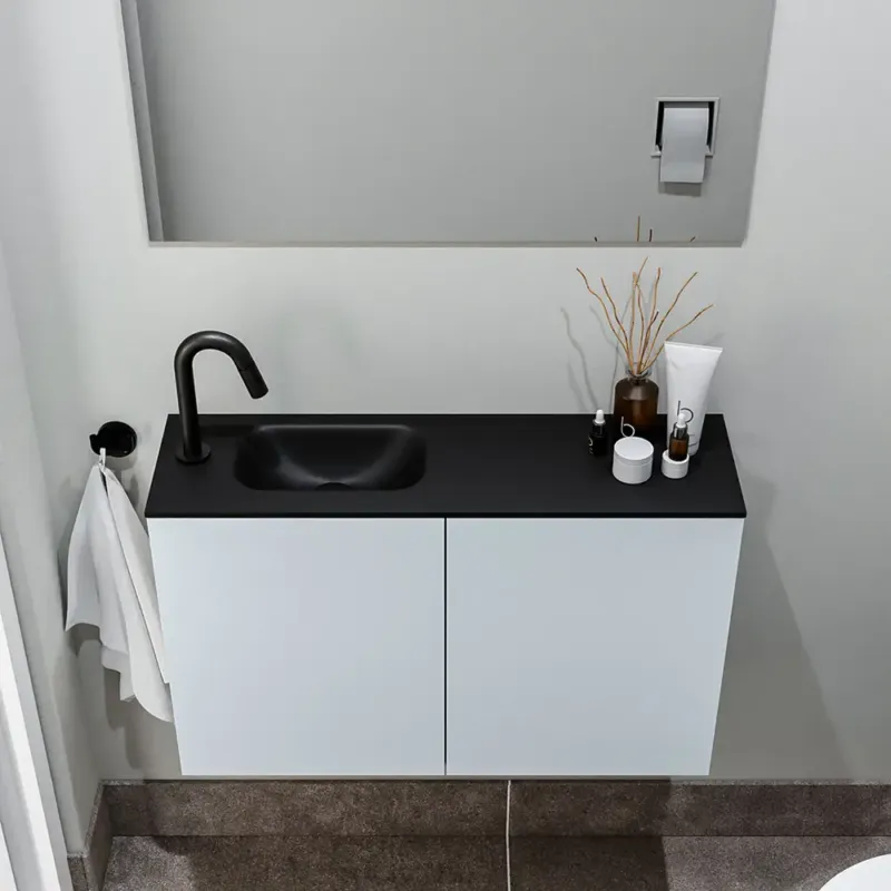 Zaro Polly toiletmeubel 80cm clay met zwarte wastafel met kraangat links Aanbieding