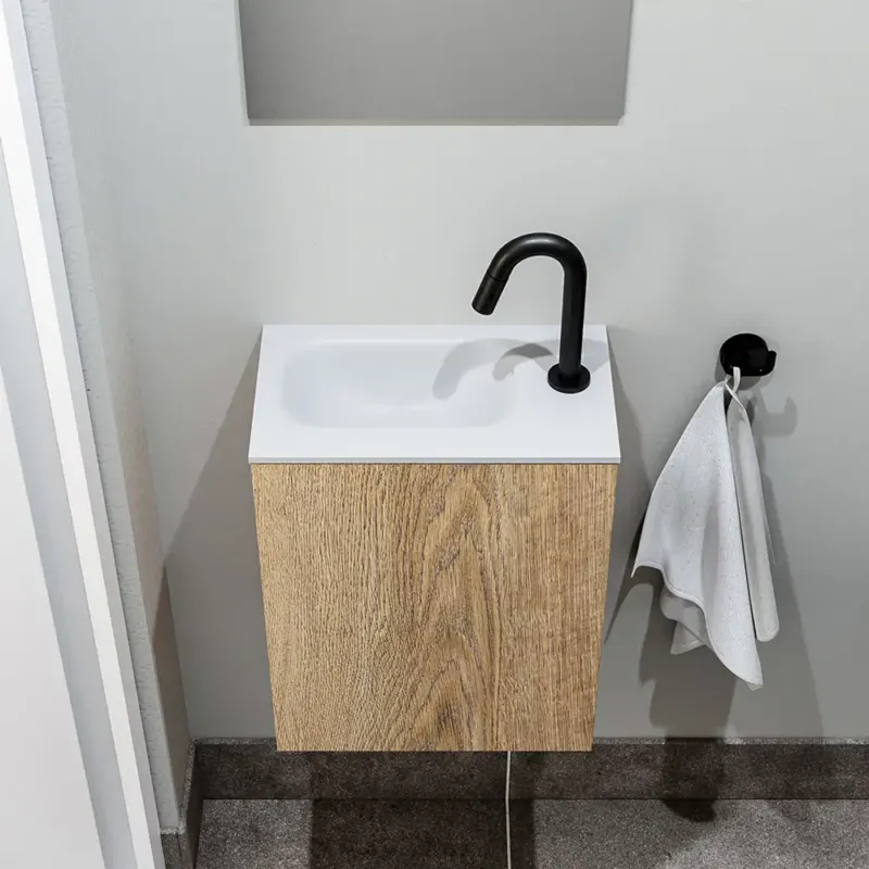 Flitsaanbieding Zaro Polly toiletmeubel 40cm eiken met witte wastafel met kraangat rechts