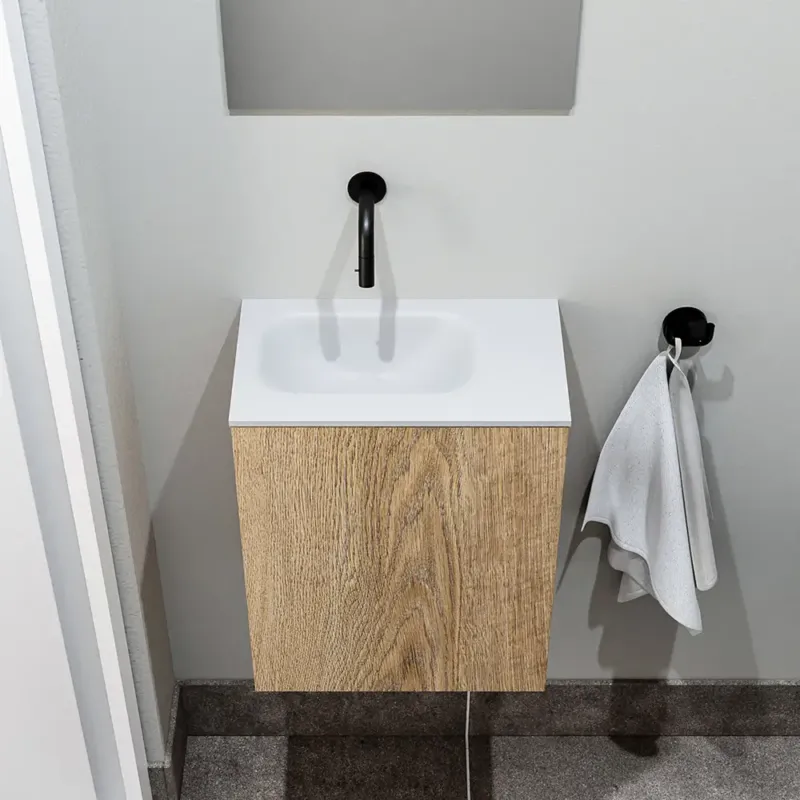 Zaro Polly toiletmeubel 40cm eiken met witte wastafel zonder kraangat links Koopje